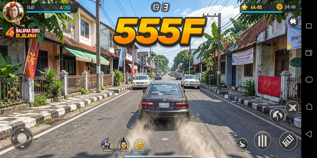 Tampilan gameplay seru dalam balapan 555F yang mendebarkan.