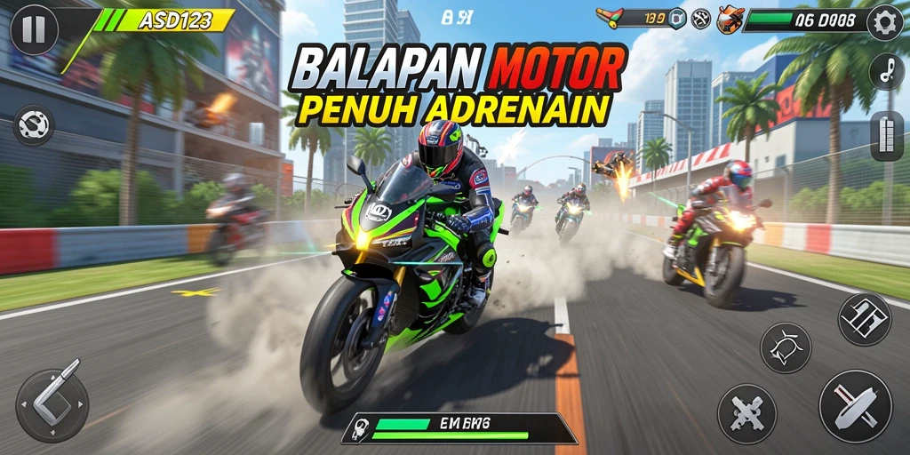 Gameplay menegangkan dalam balapan motor yang seru.