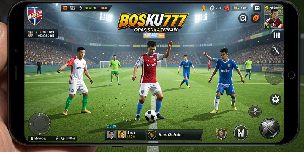 Tampilan gameplay BOSKU777 dengan aksi penuh adrenalin di lapangan sepak bola.