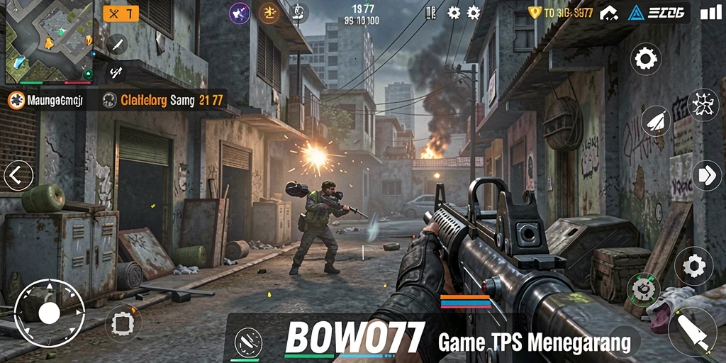 Screenshot utama menunjukkan aksi seru dalam pertempuran TPS.