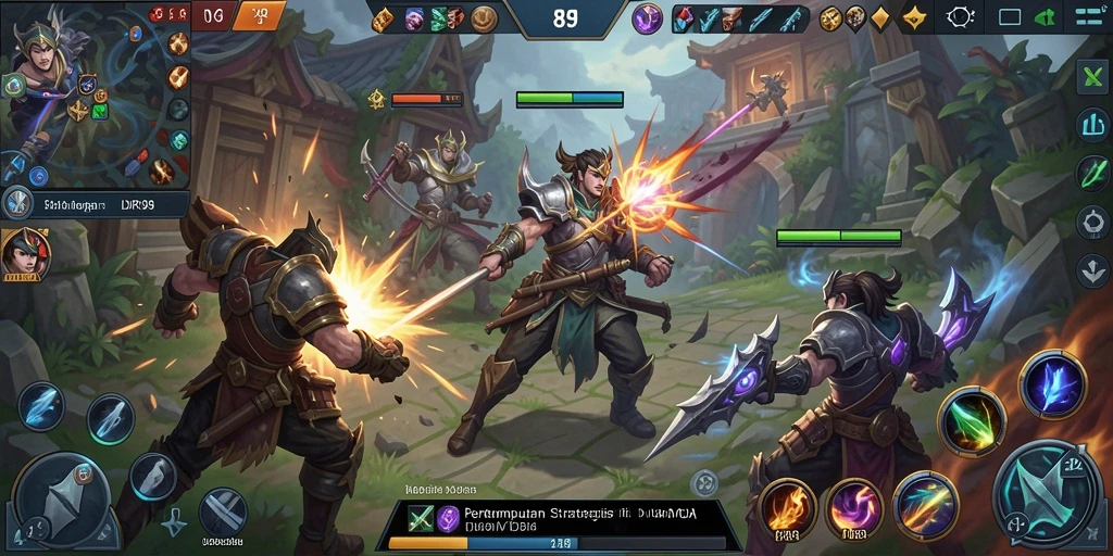 Tangkapan layar menampilkan aksi seru dalam permainan MOBA.