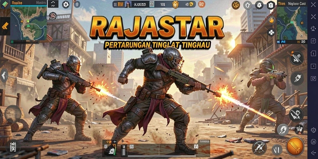 Tampilan gameplay intens RAJASTAR dalam pertempuran Battle Royale.