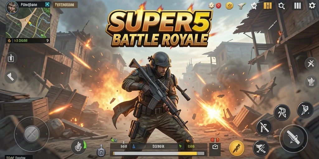 Menggambarkan aksi seru dalam gameplay Battle Royale SUPER5.
