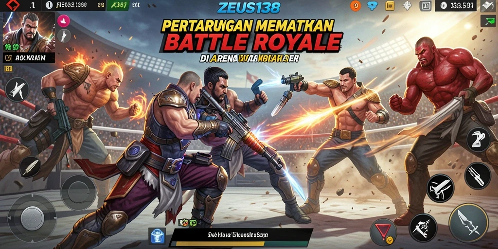 Screenshot utama ZEUS138 menampilkan aksi pertarungan seru di medan Battle Royale.